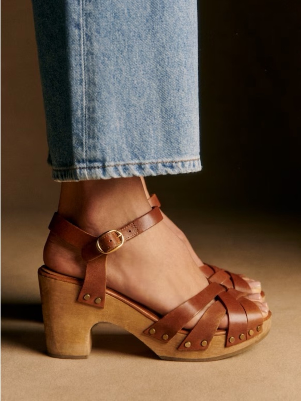 Sezane Cognac Leather Strappy Platform Sandals